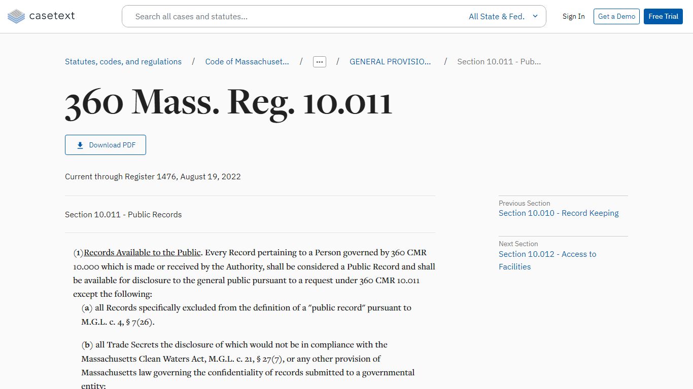Section 10.011 - Public Records, 360 Mass. Reg. 10.011 | Casetext ...